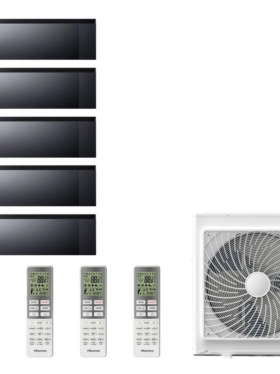 Klimatyzacja multi-split Hisense Air Master czarny — agregat 5AMW105U4RQC + 5x jednostka (2,5, 2,5, 2,5, 2,5, 2,5 kW)