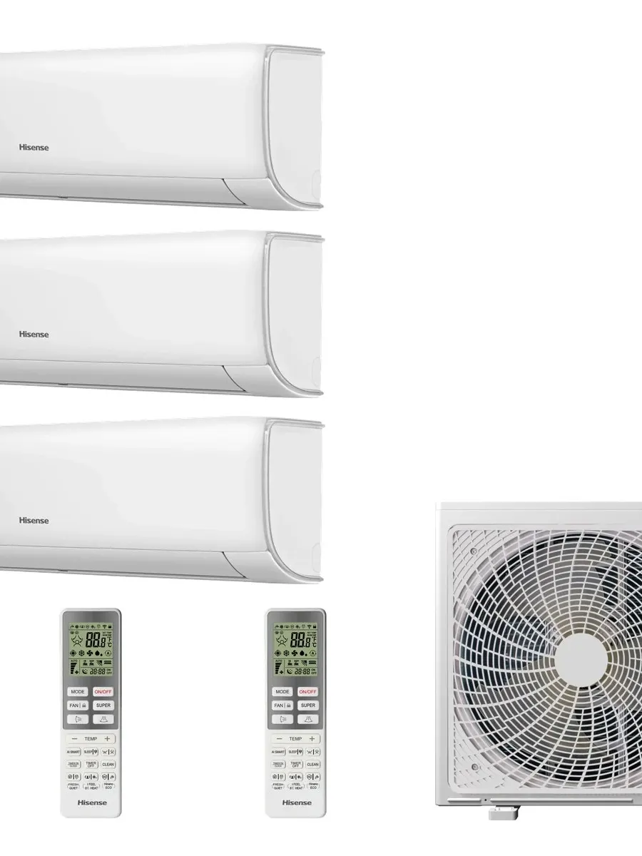 Klimatyzacja multi-split Hisense Wings Comfort — agregat 3AMW72U4RJC + 3x jednostka (2,5, 2,5, 5,0 kW)