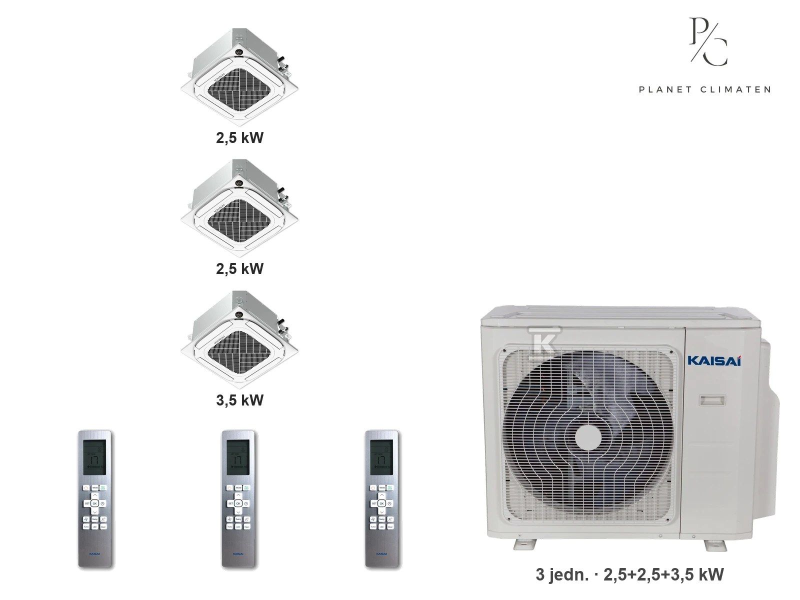 Kaisai — Klimatyzator multi-split kasetonowy Kaisai KCA4U K3OA-27HFN32H — 3 jedn. 2,5+2,5+3,5 kW (3 pomieszczenia)